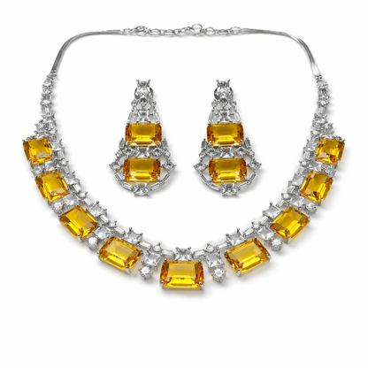 Yellow Topaz Cubic Zirconia American Diamond Silver Plated Necklace Set