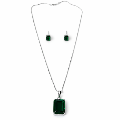 Green Emerald Cubic Zirconia American Diamond Silver Plated Pendant Set