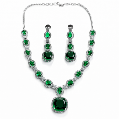 Green Emerald Cubic Zirconia American Diamond Silver Plated Necklace Set
