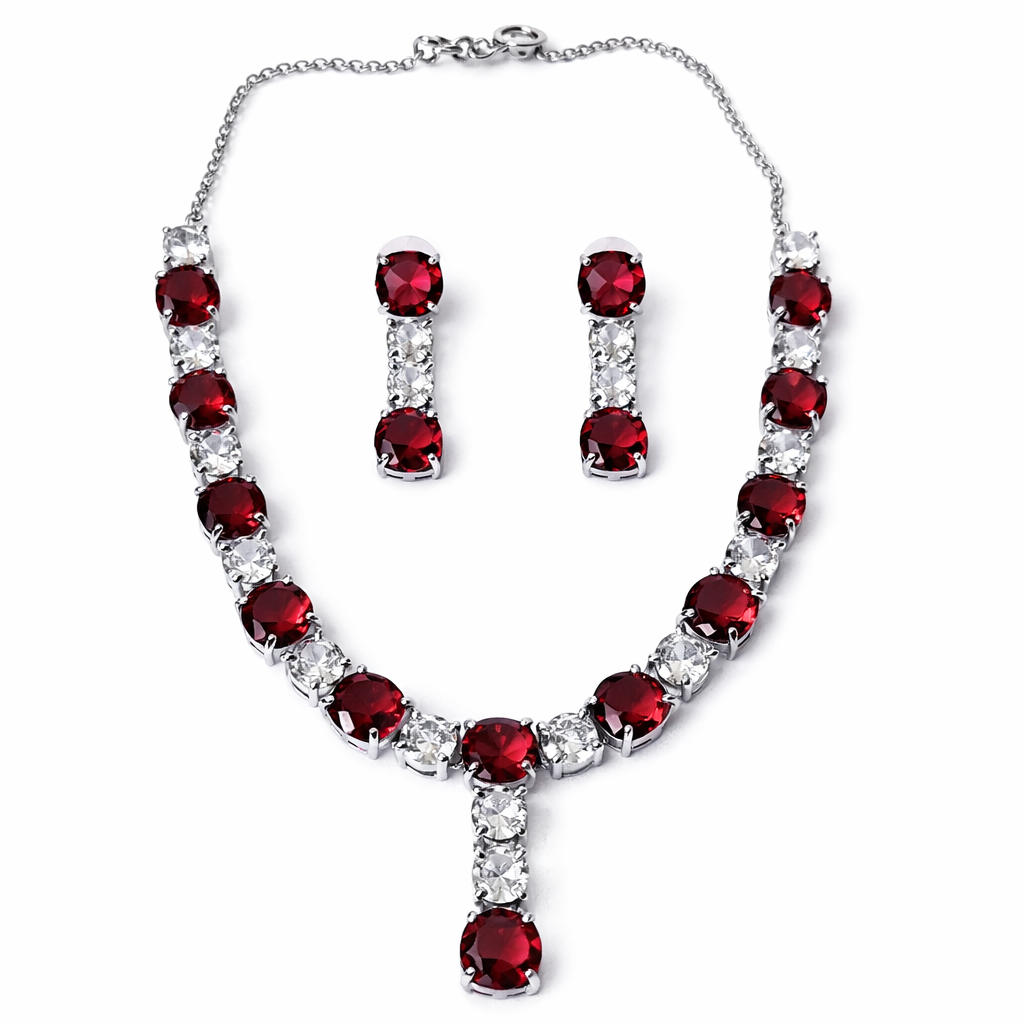 Red Ruby Cubic Zirconia American Diamond Silver Plated Necklace Set