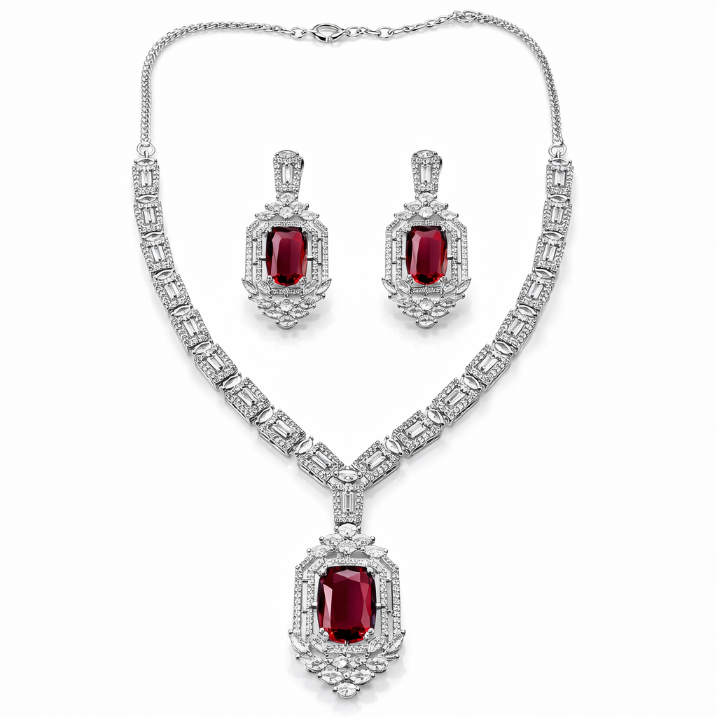 Red Ruby Cubic Zirconia American Diamond Silver Plated Necklace Set