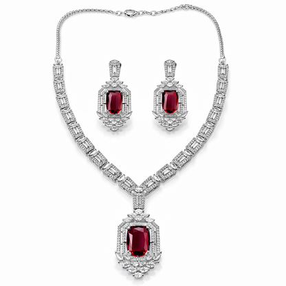 Red Ruby Cubic Zirconia American Diamond Silver Plated Necklace Set