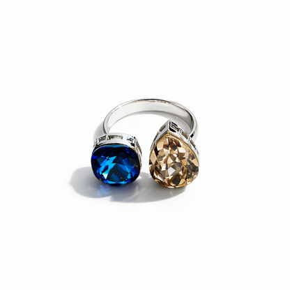 Meridian Blue & Jonquil Swarovski Crystals Silver Plated Adjustable Ring