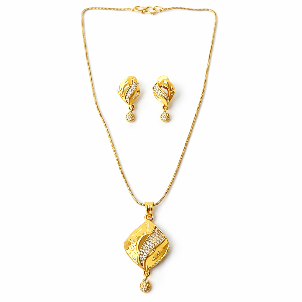 Solitaire Cubic Zirconia American Diamond 1 Micron Gold Plated Pendant Set