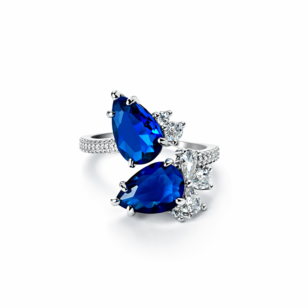 Blue Sapphire Cubic Zirconia Ice Cut American Diamond Silver Plated Adjustable Ring