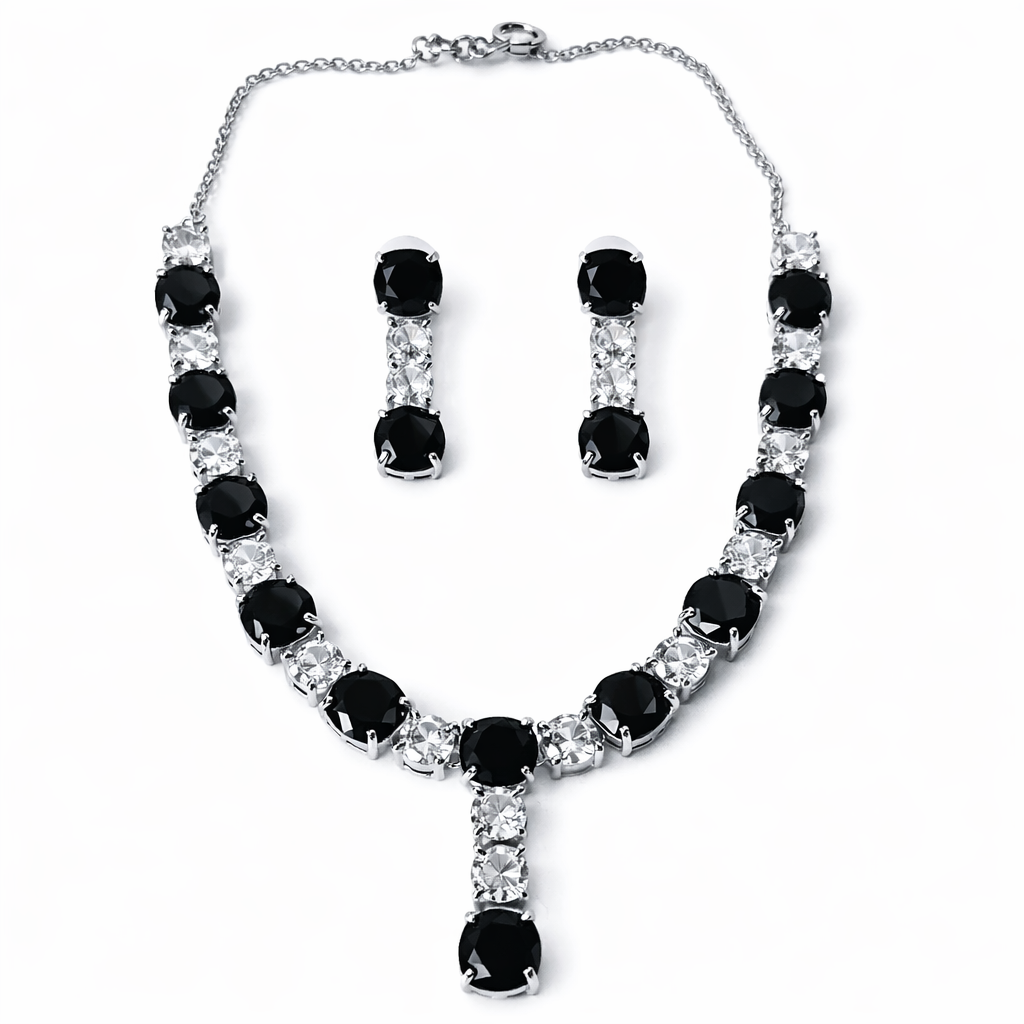 Black Cubic Zirconia American Diamond Silver Plated Necklace Set