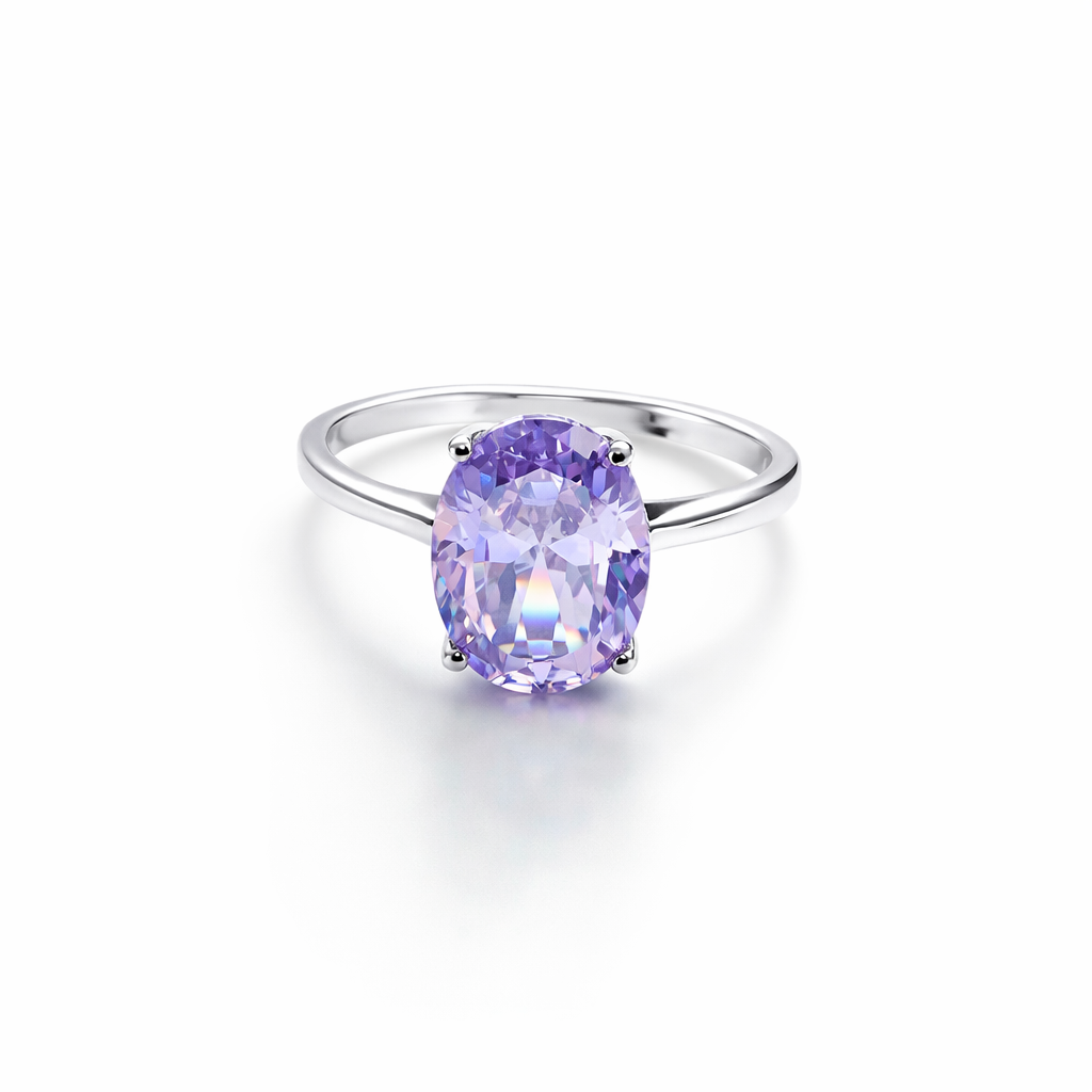 Light Purple Amethyst Cubic Zirconia Ice Cut American Diamond Silver Plated Adjustable Ring