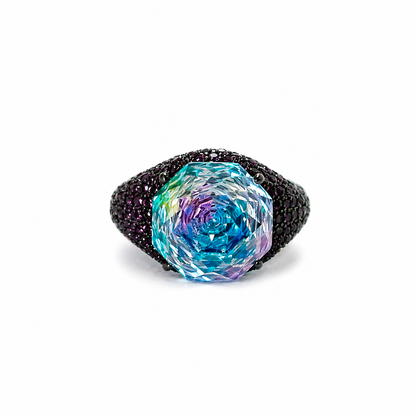 Aqua Blue Vitrail Sapphire Cubic Zirconia Pink Ice Cut American Diamond Victorian Plated Adjustable Ring