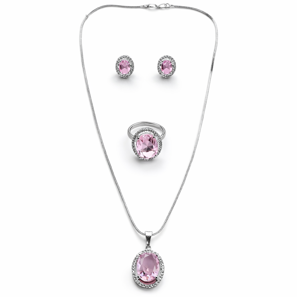 Pink Topaz Cubic Zirconia American Diamond Silver Plated Pendant Set