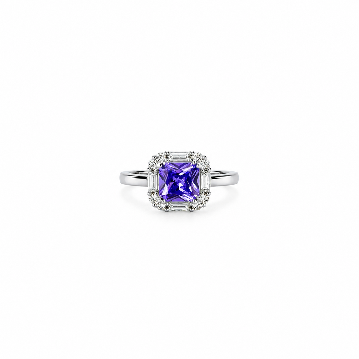 Purple Amethyst Cubic Zirconia Ice Cut American Diamond Silver Plated Adjustable Ring