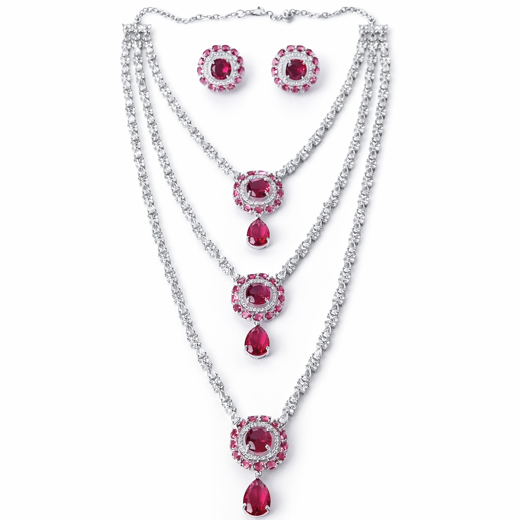 Red Ruby Cubic Zirconia American Diamond Silver Plated Necklace Set