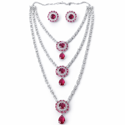 Red Ruby Cubic Zirconia American Diamond Silver Plated Necklace Set