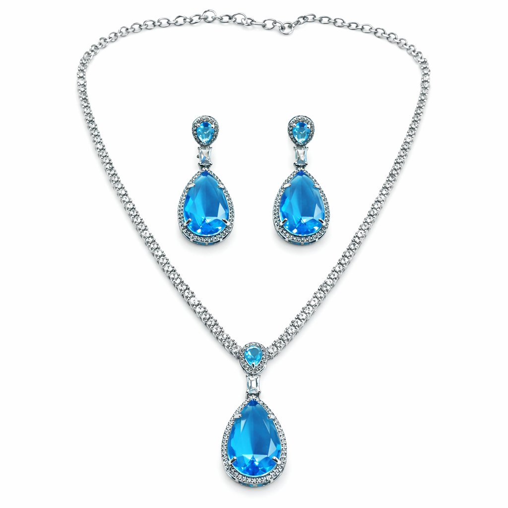 Aqua Blue Sapphire Cubic Zirconia American Diamond Silver Plated Necklace Set