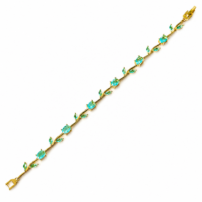 Aqua Blue Sapphire Cubic Zirconia Tulip Design American Diamond Gold Plated Stainless Steel Bracelet