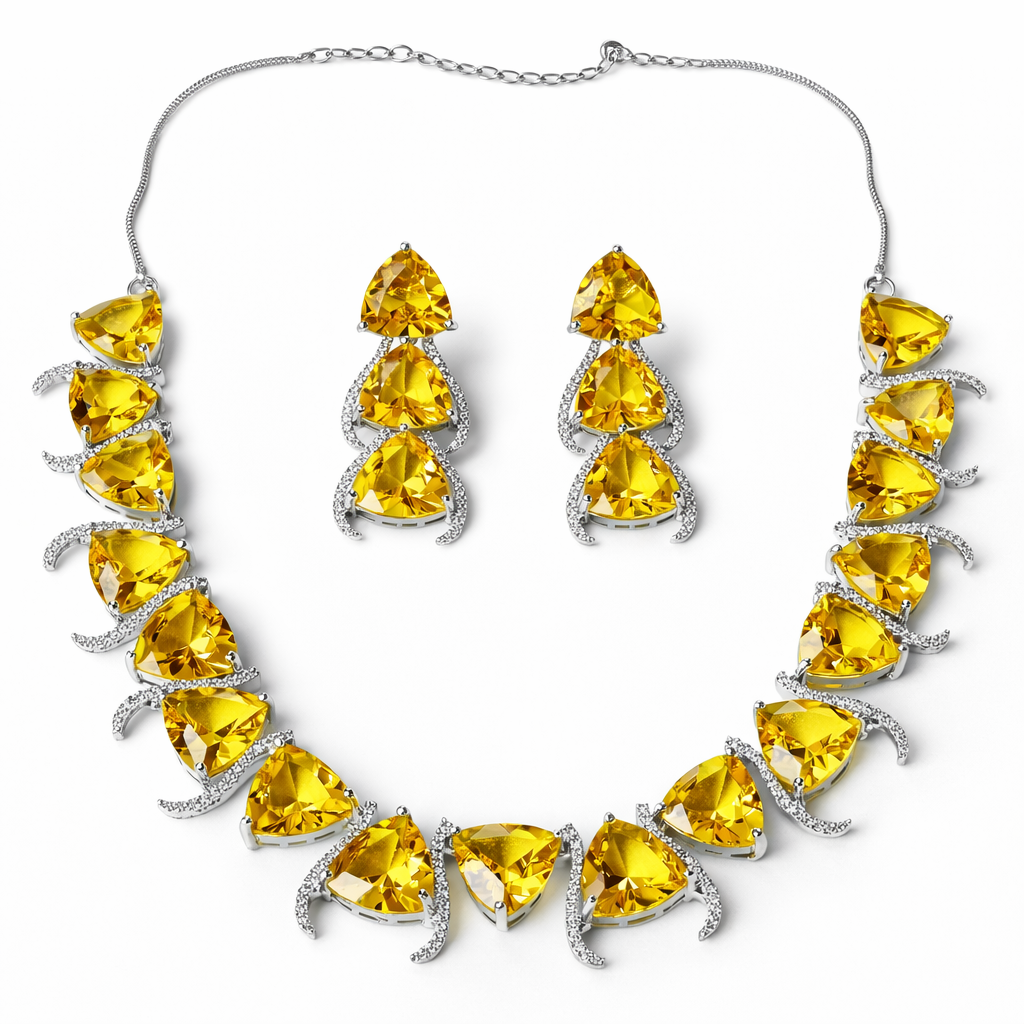 Yellow Topaz Cubic Zirconia American Diamond Silver Plated Necklace Set