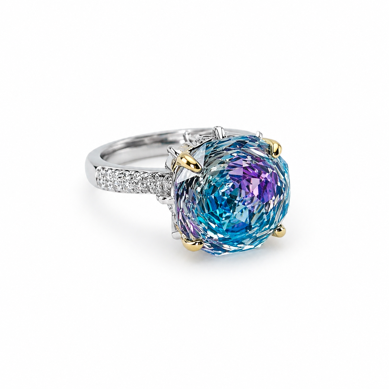 Aqua Blue Vitrail Sapphire Cubic Zirconia Ice Cut American Diamond Gold/Silver Plated Adjustable Ring