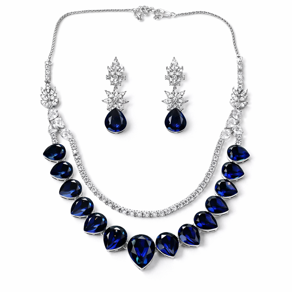 Blue Sapphire Cubic Zirconia American Diamond Silver Plated Necklace Set