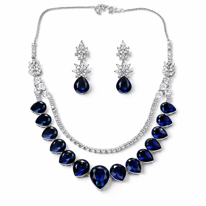 Blue Sapphire Cubic Zirconia American Diamond Silver Plated Necklace Set
