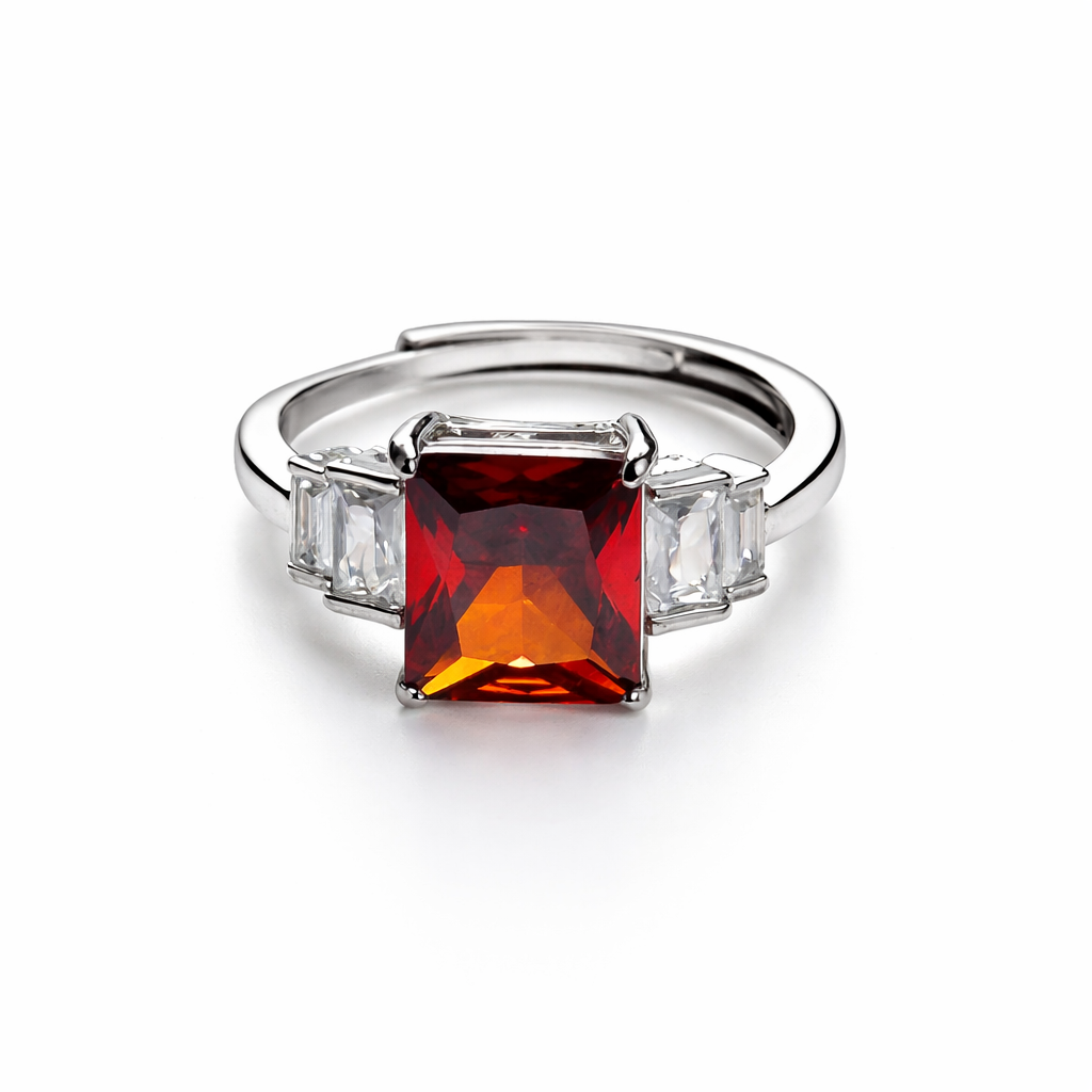 Red Ruby Cubic Zirconia Ice Cut American Diamond Silver Plated Adjustable Ring