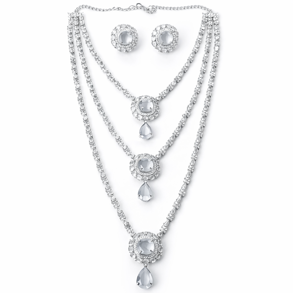 Grey Cubic Zirconia American Diamond Silver Plated Necklace Set
