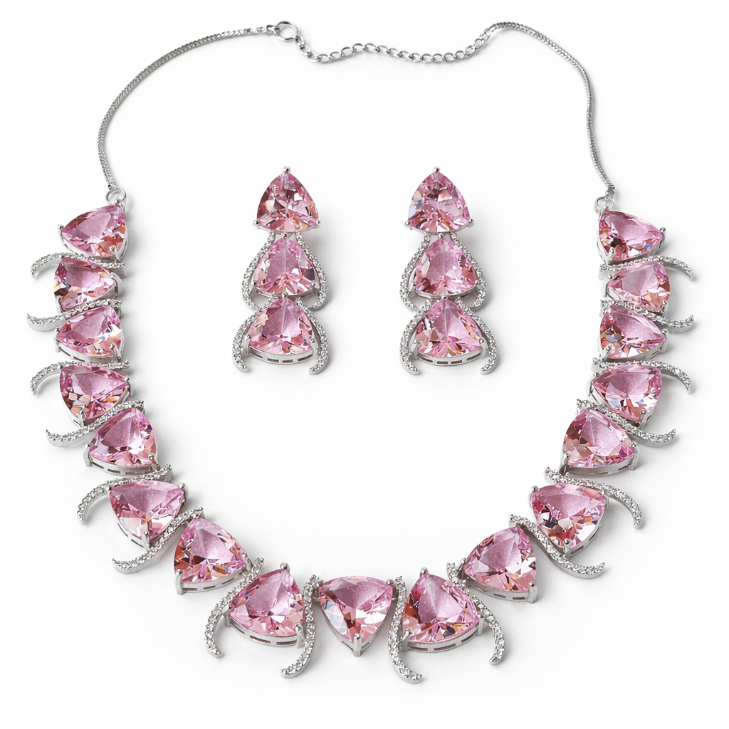 Pink Topaz Cubic Zirconia American Diamond Silver Plated Necklace Set