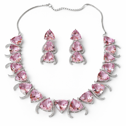 Pink Topaz Cubic Zirconia American Diamond Silver Plated Necklace Set