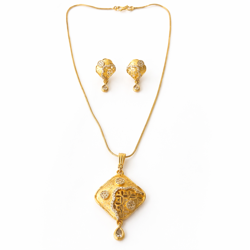 Solitaire Cubic Zirconia American Diamond 1 Micron Gold Plated Pendant Set