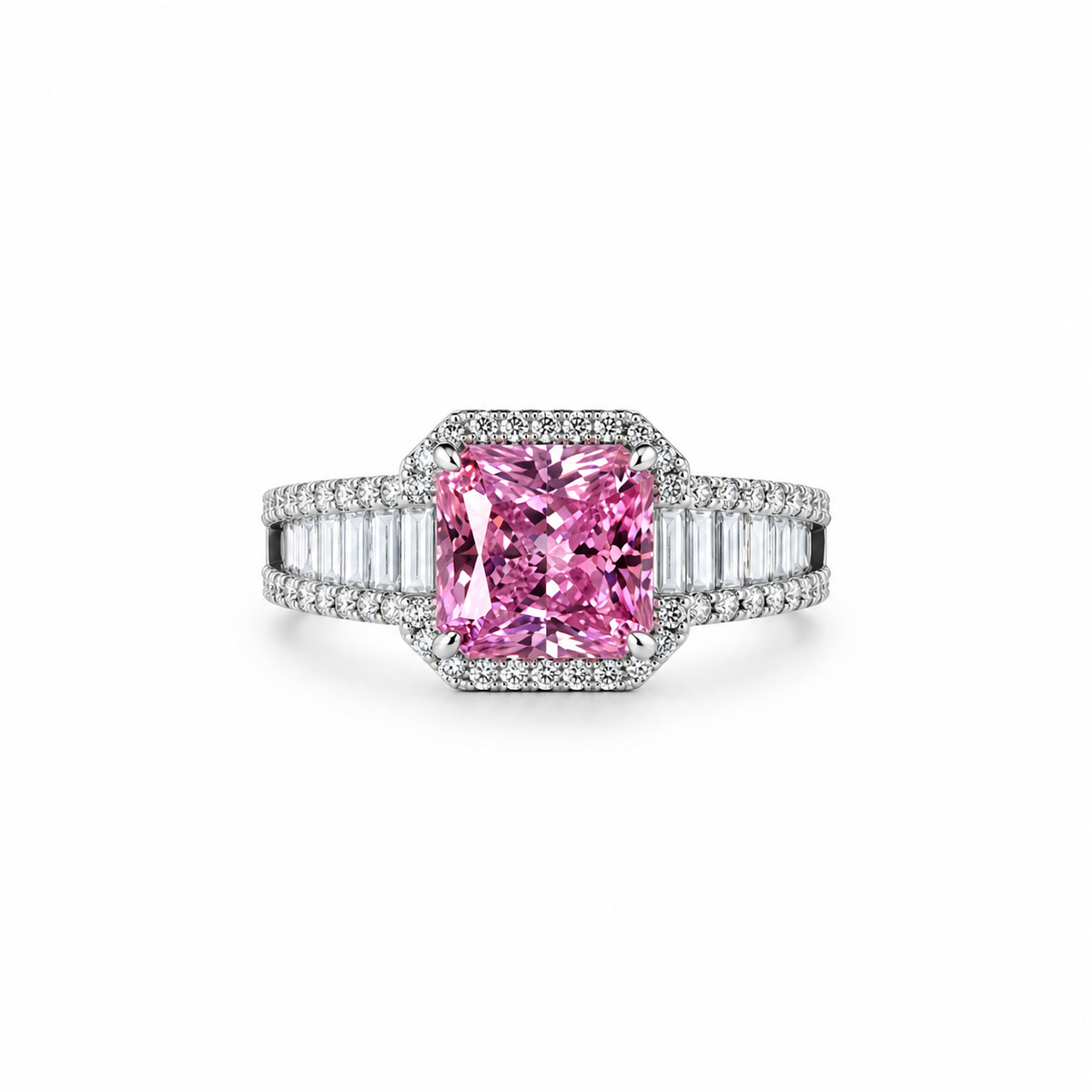 Pink Topaz Cubic Zirconia Ice Cut American Diamond Silver Plated Adjustable Ring