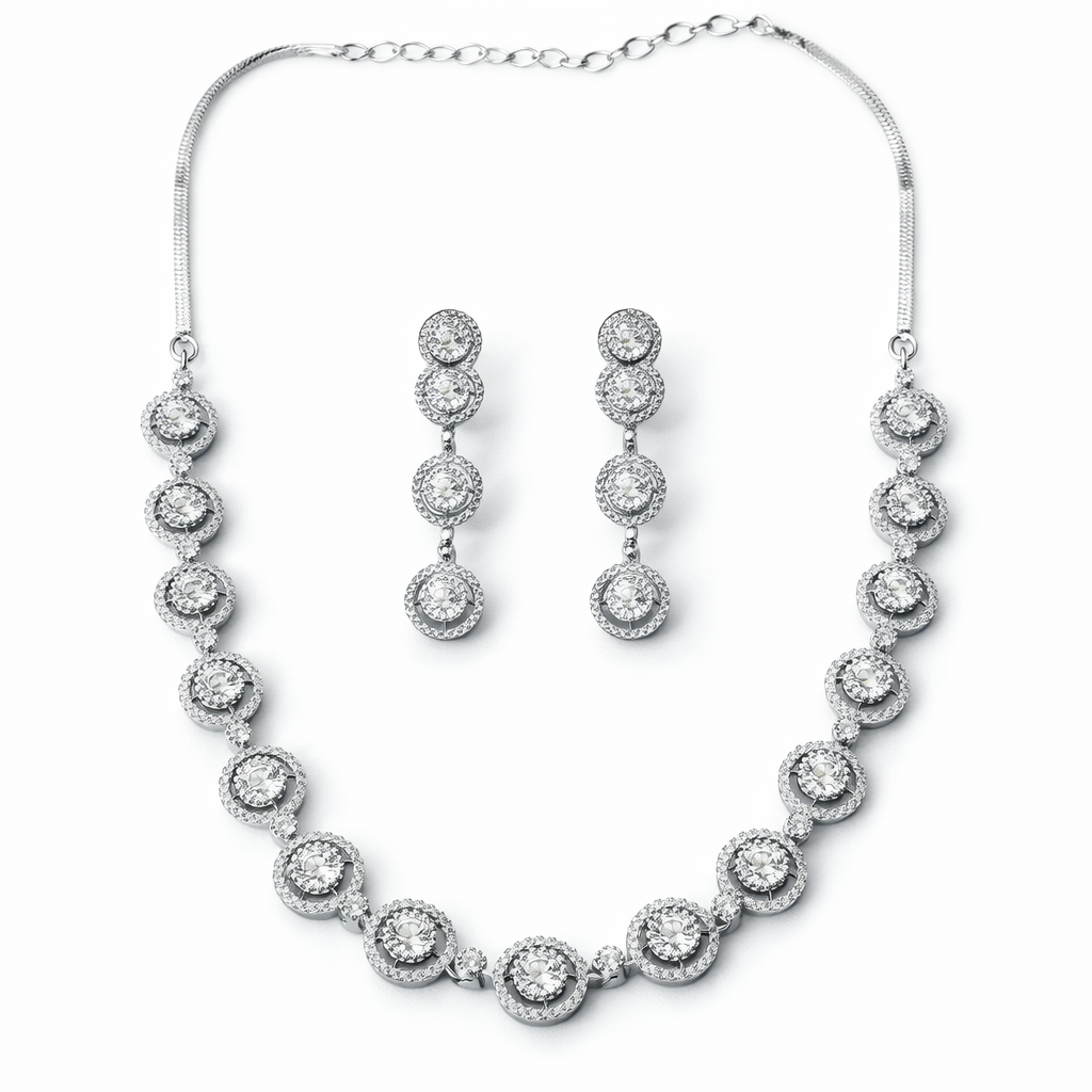 Solitaire Cubic Zirconia American Diamond Silver Plated Necklace Set