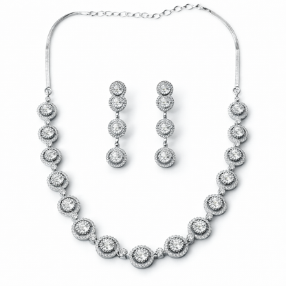 Solitaire Cubic Zirconia American Diamond Silver Plated Necklace Set