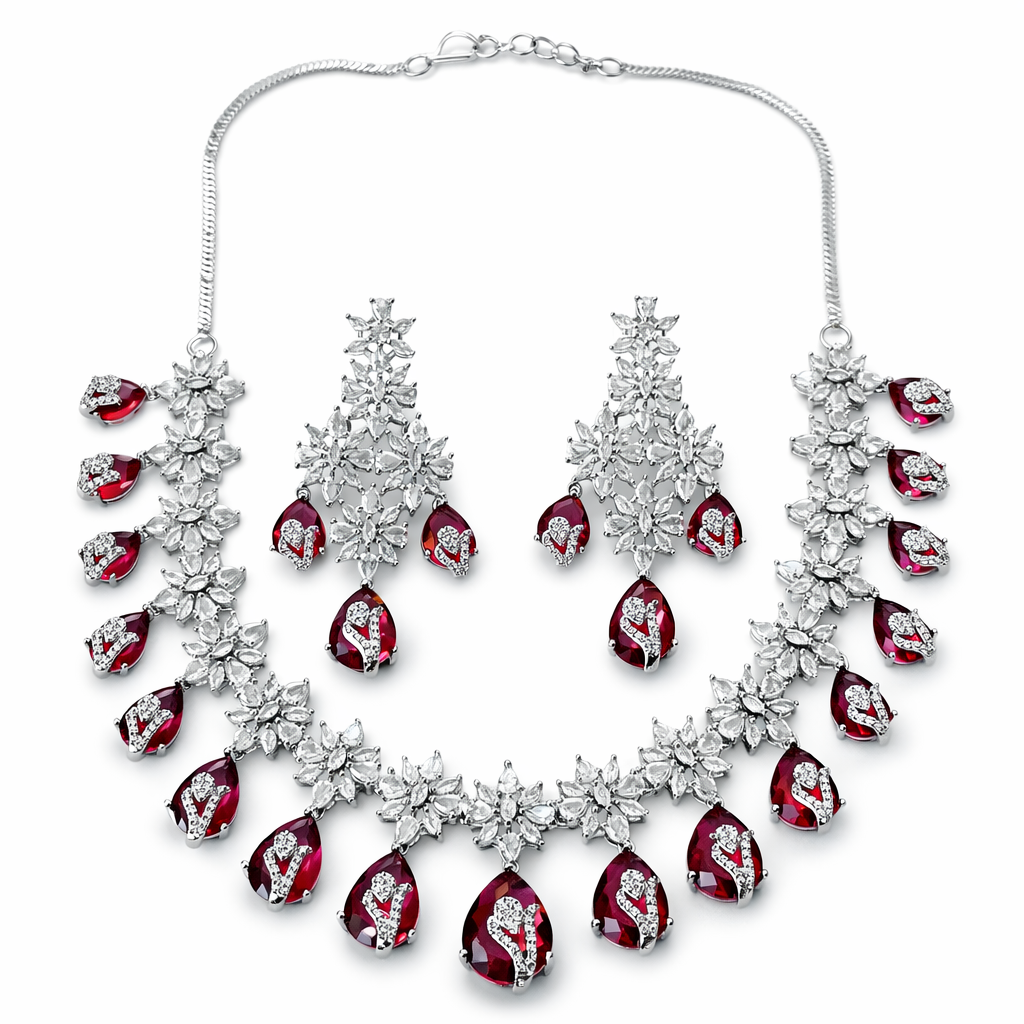 Red Ruby Cubic Zirconia American Diamond Silver Plated Necklace Set