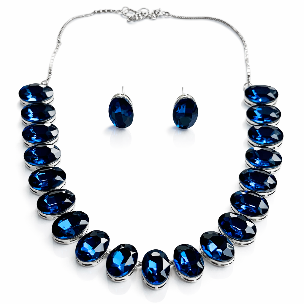 Dark Indigo Blue Swarovski Crystal Silver Plated Necklace Set