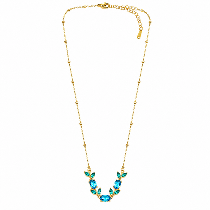 Aqua Blue Sapphire Cubic Zirconia Tulip Design American Diamond Gold Plated Stainless Steel Necklace