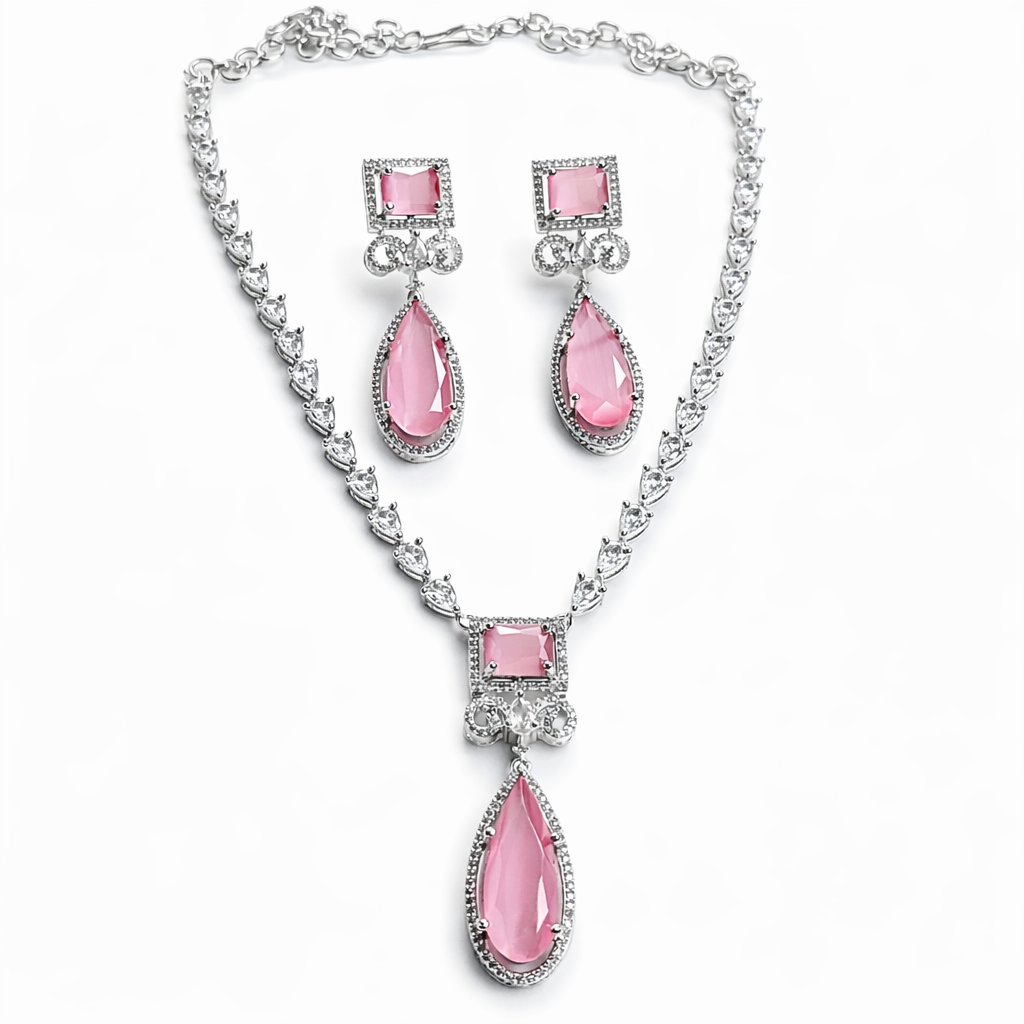 Pink Topaz Cubic Zirconia American Diamond Silver Plated Necklace Set