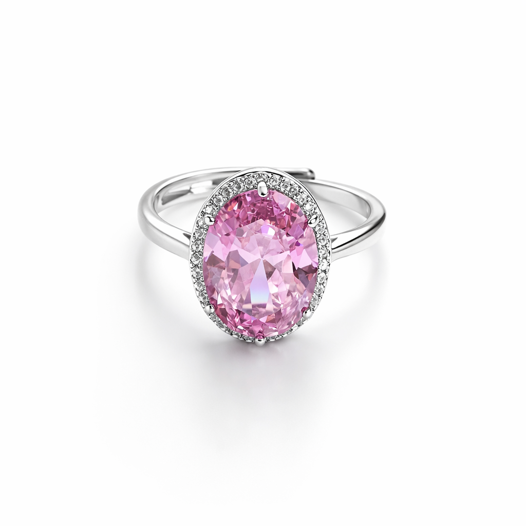 Pink Topaz Cubic Zirconia Ice Cut American Diamond Silver Plated Adjustable Ring