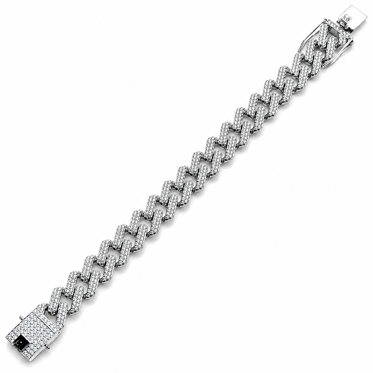 Solitaire Cubic Zirconia Iced-Out American Diamond Silver Plated Cuban Chain Bracelet