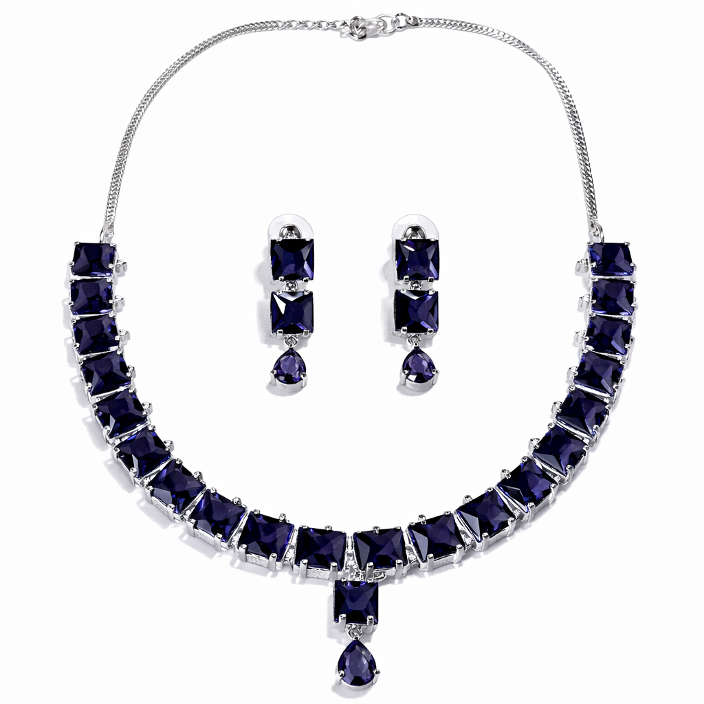 Purple Amethyst Cubic Zirconia American Diamond Silver Plated Necklace Set