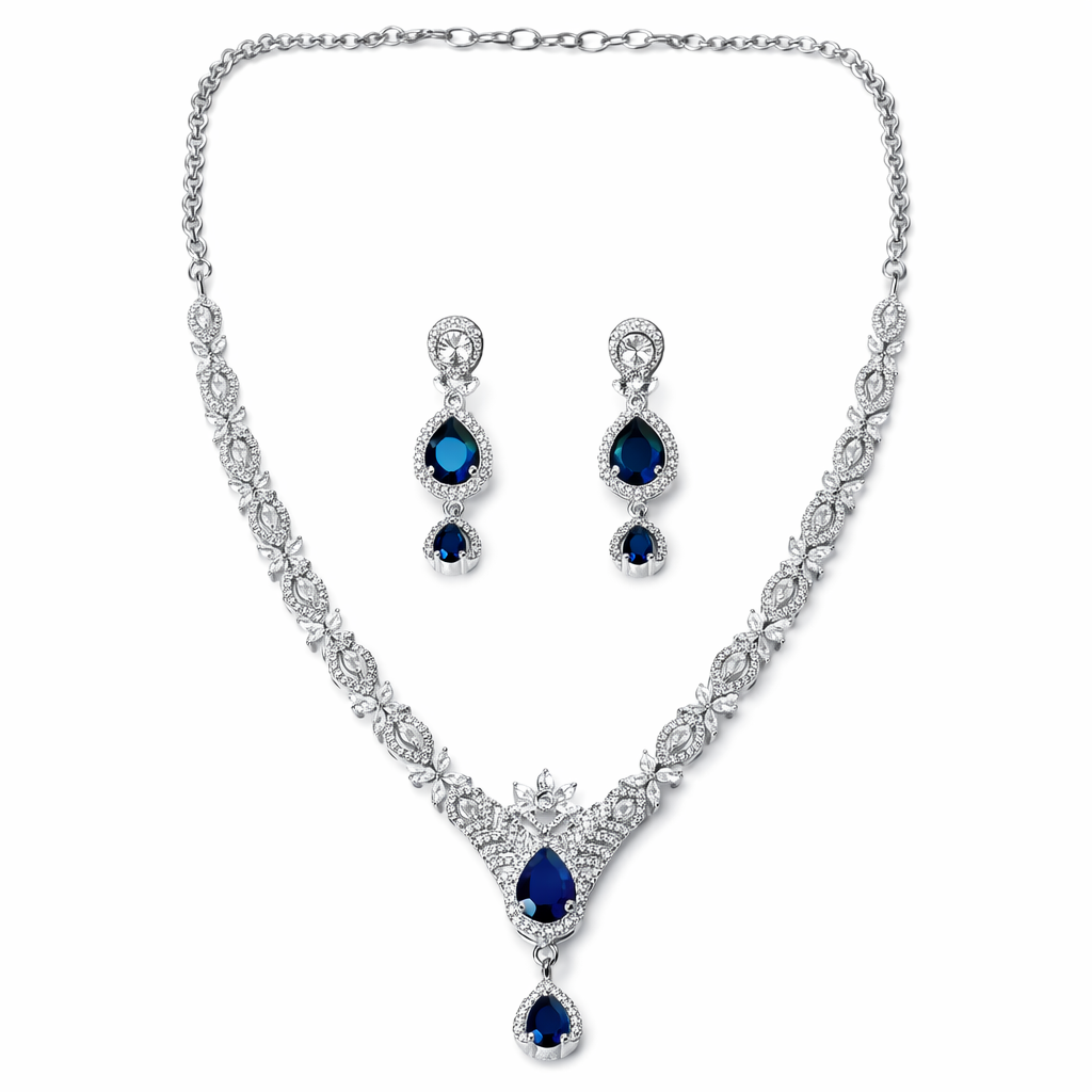 Blue Sapphire Cubic Zirconia American Diamond Silver Plated Necklace Set