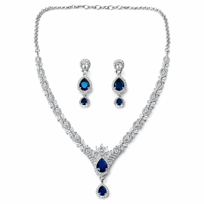Blue Sapphire Cubic Zirconia American Diamond Silver Plated Necklace Set