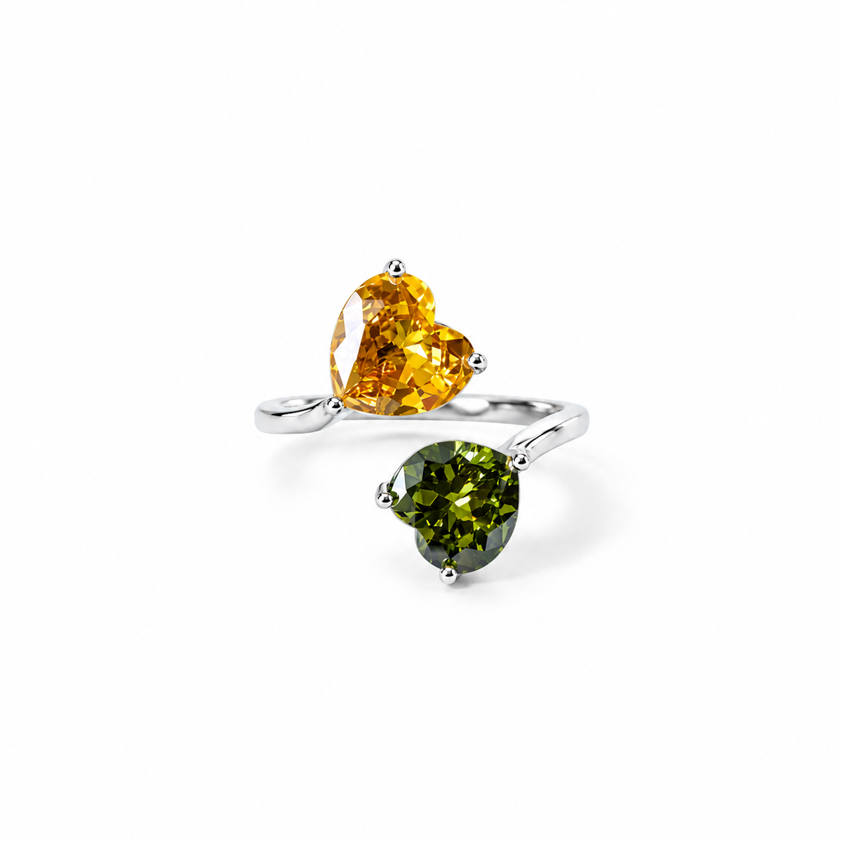Yellow Topaz/Olive Green Cubic Zirconia Ice Cut American Diamond Silver Plated Adjustable Ring