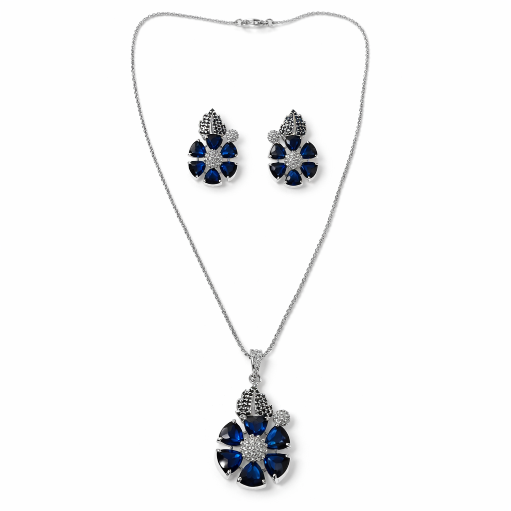 Blue Sapphire Cubic Zirconia American Diamond Silver Plated Pendant Set