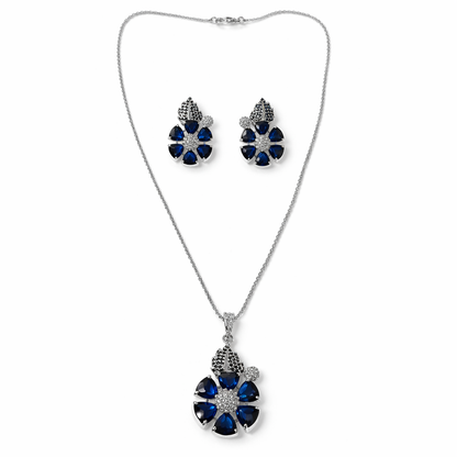 Blue Sapphire Cubic Zirconia American Diamond Silver Plated Pendant Set