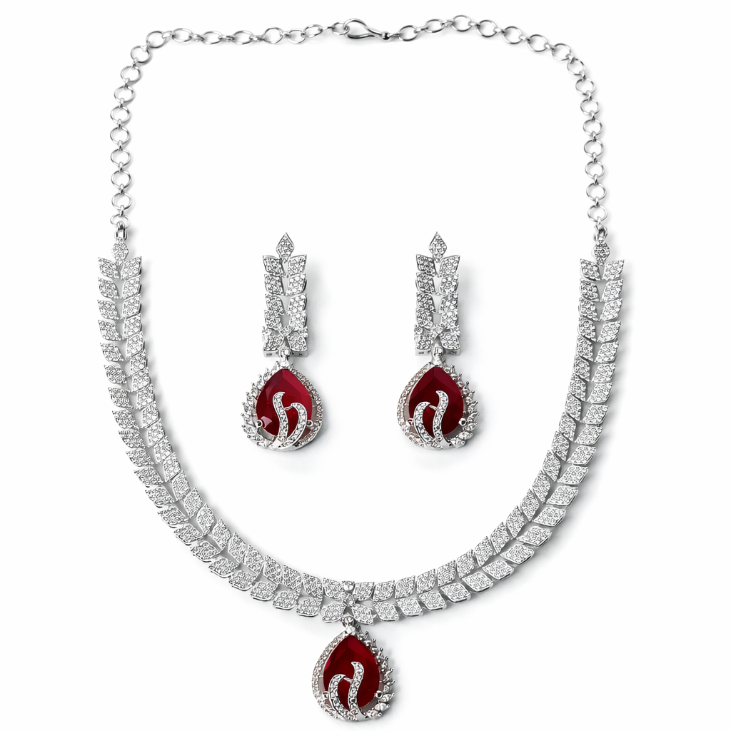 Red Ruby Cubic Zirconia American Diamond Silver Plated Necklace Set