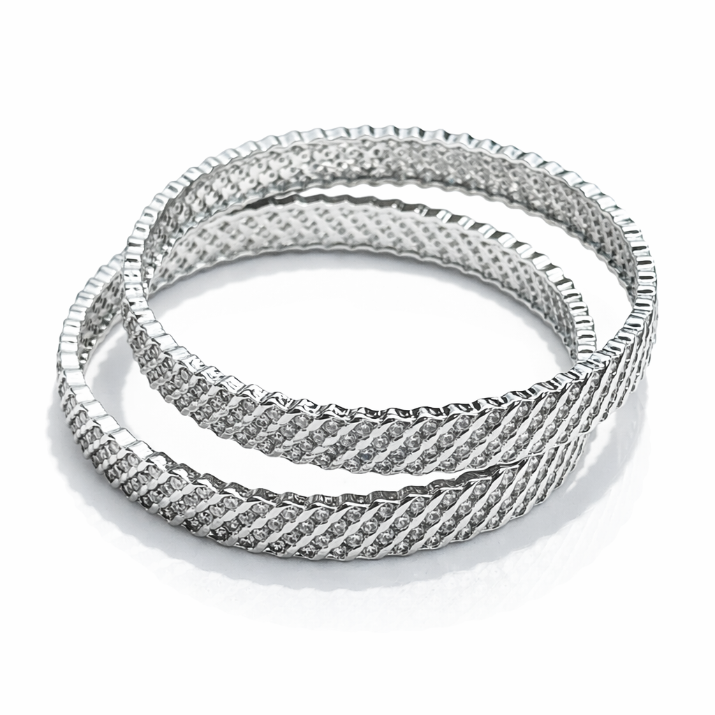 Solitaire Cubic Zirconia American Diamond Silver Plated Bangles, Set of 2