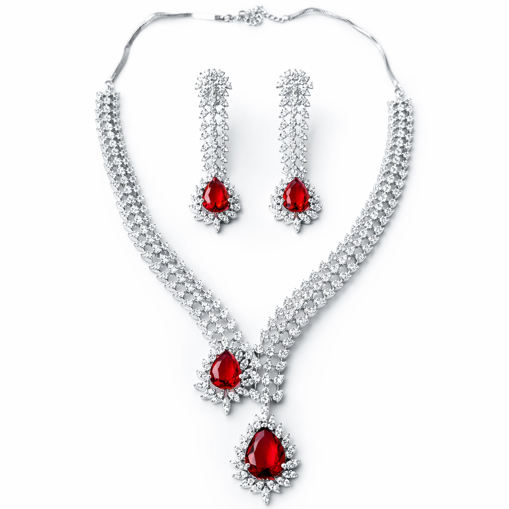 Red Ruby Cubic Zirconia American Diamond Silver Plated Necklace Set