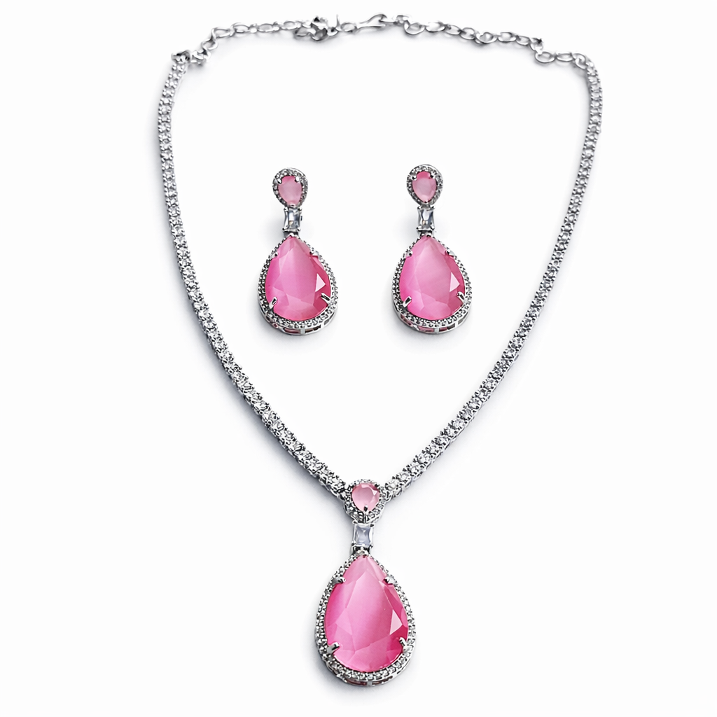 Pink Topaz Cubic Zirconia American Diamond Silver Plated Necklace Set