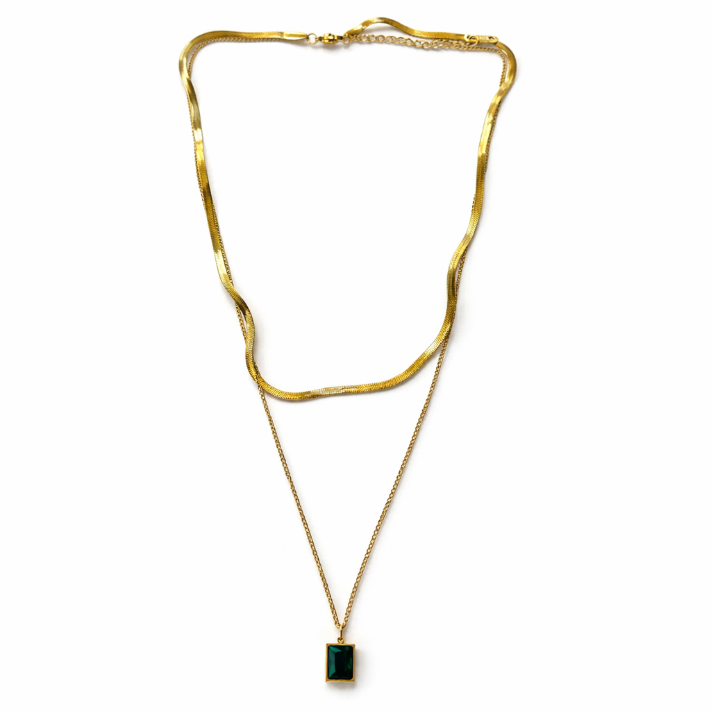 Green Emerald Cubic Zirconia American Diamond Gold Plated Anti-Tarnish Necklace