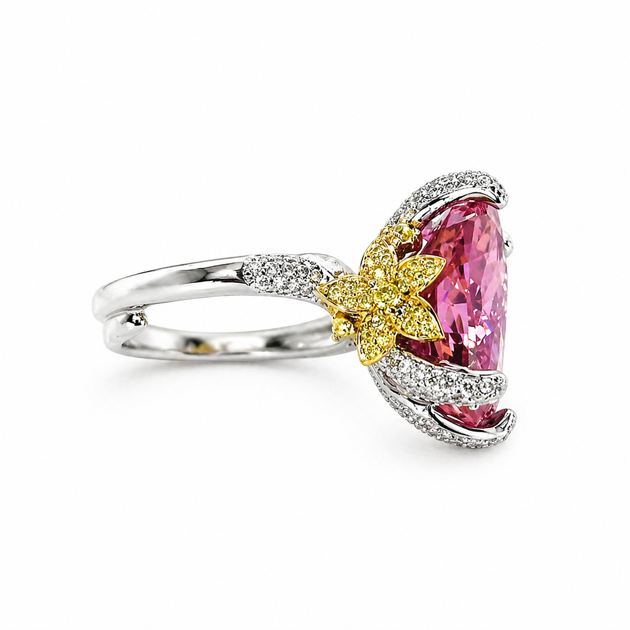 Pink Topaz Cubic Zirconia Ice Cut American Diamond Gold/Silver Plated Adjustable Ring