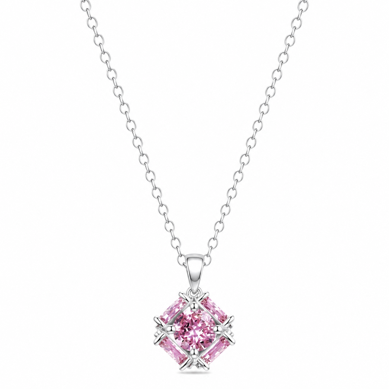 Pink Topaz Cubic Zirconia American Diamond Silver Plated Stainless Steel Necklace