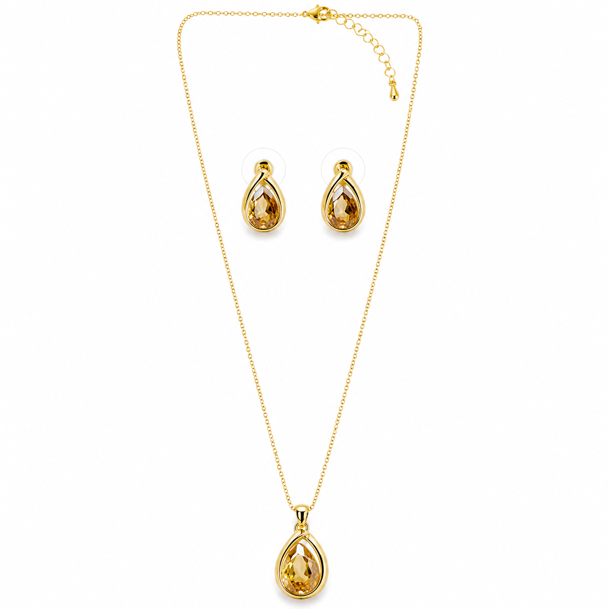 Yellow Smoked Topaz Cubic Zirconia American Diamond Gold Plated Pendant Set